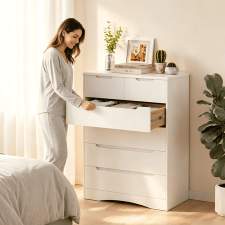 Lofka 6 Drawer Dresser for Bedroom, Tall White Vertical Chest of Drawers with Anti-Tipping, Dual-Size Drawers, Small Space Storage Solution for Apartment, Guest Room