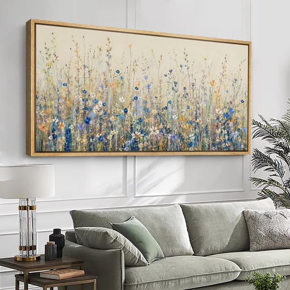Large Framed Canvas Print Wall Art Blue Wildflower Meadow Artwork Romantic Botanical Garden Wall Pictures Decor for Living Room - 60"x30" Natural Frame