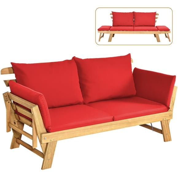 Topbuy Outdoor Folding Daybed Patio Acacia Wood Convertible Couch Sofa Bed Red