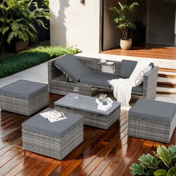 5 Piece Patio Furniture Set, All-Weather Outdoor Conversation Set with Lift-top Coffee Table & Ottomans, Adustable Backrest Wicker Sectional Seating Group for Patio Deck Garden Pool, Gray