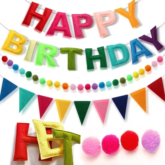 FDEEOM Happy Birthday Banner Happy Birthday Decorations - Felt Ball Garland Rainbow Decorations Decor Party Pennant No Assembly for Adults, PetsParty Backdrop, Wall Decor for Celebrations