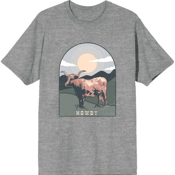 Western Howdy Cow Adult Heather Gray Crew Neck Short Sleee Tee-Large