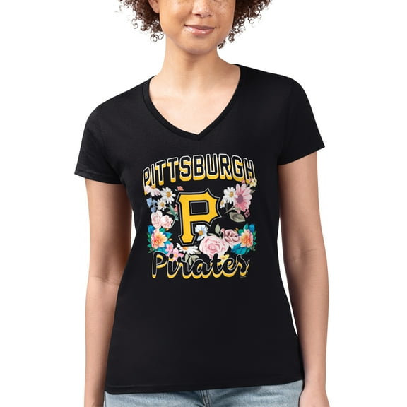 Women's G-III 4Her by Carl Banks Black Pittsburgh Pirates Flowers Graphic Fitted V-Neck T-Shirt