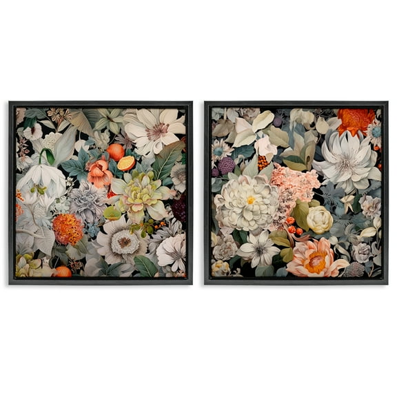 Stupell Industries Striking Botanical Floral Plants & Flowers Painting Black Floater Framed Canvas Art Print Wall Art, 18 x 18, Set of 2