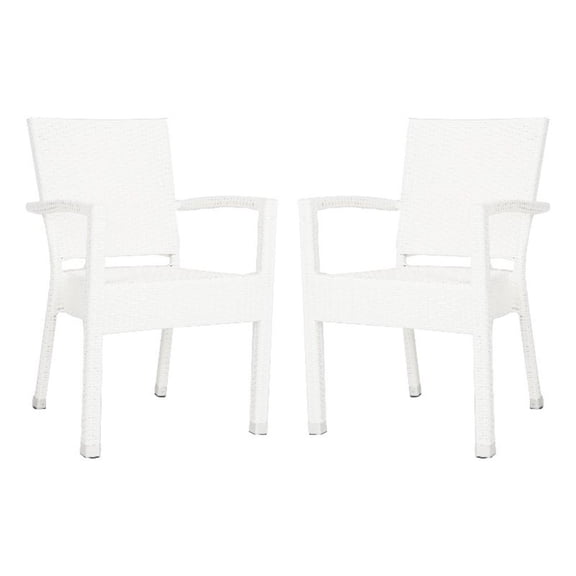 Pemberly Row Wicker / Rattan Outdoor Arm Chairs in White (Set of 2)