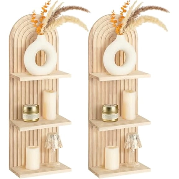 2 Pcs Boho Wall Shelf, Arched Wood Floating Shelf 3 Tier, Arch Wall Decor, Bohemian Style Wooden Wall Mounted Storage Shelf for Living Room, Bedroom, 5.9 x 4.3 x 15.7 in