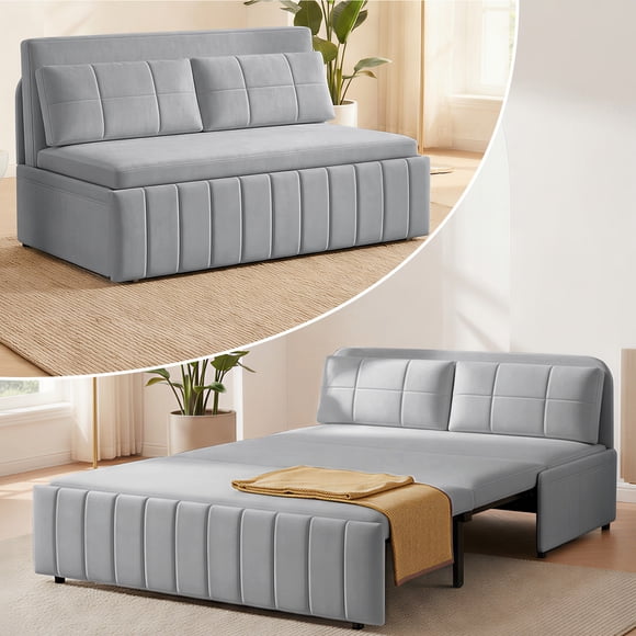 Puremind Queen Size Pull Out Sofa Bed, Convertible Sleeper Sofa with Pull Out Bed, Loveseat Couch Bed with Pillows for Living Room/Apartment, Light Grey