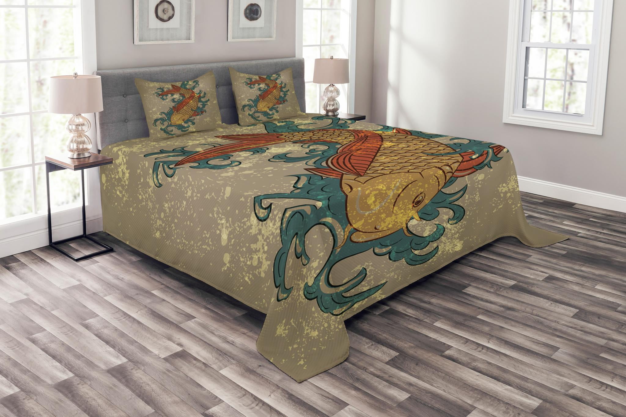 Japanese Bedspread Set King Size, Grunge Asian Style Oriental Water Koi