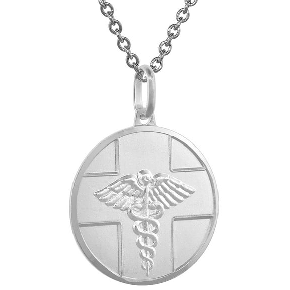 Sterling Silver Medical Alert Necklace Round with 24 inch Surgical Steel Chain Italy, 7/8 inch,