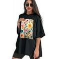 thumbnail image 3 of Plus Size Shirt for Women Black Tops for Women Oversized Short Sleeves Shirt for Women Flowers T Shirt Crewneck Shirt for Women L, 3 of 5