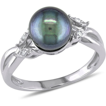 7.5-8mm Black Round Cultured Freshwater Pearl and Diamond-Accent 10kt White Gold Cocktail Ring