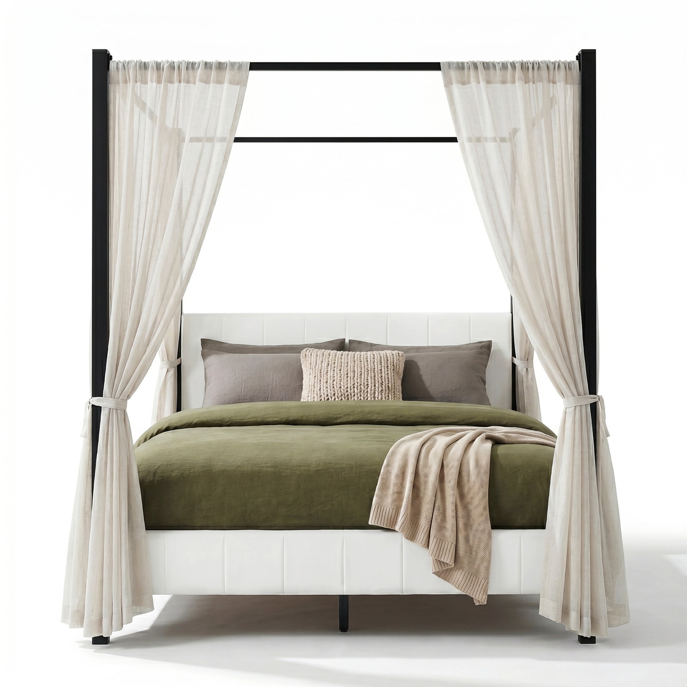 Christopher Knight Home Queen Canopy Bed, Metal Frame with Upholstered Headboard & Footboard, White+Black