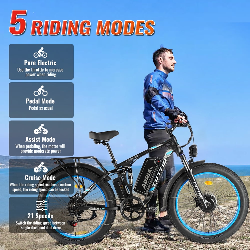 TUTTIO Dual Motor Electric Mountain Bike for Adults Teen, 26" Fat Tire Off-road E-Bike for All Terrain with 52V 25Ah Removable Battery, Max 46mph & Range 100miles, 210Nm High torque - UL 2849