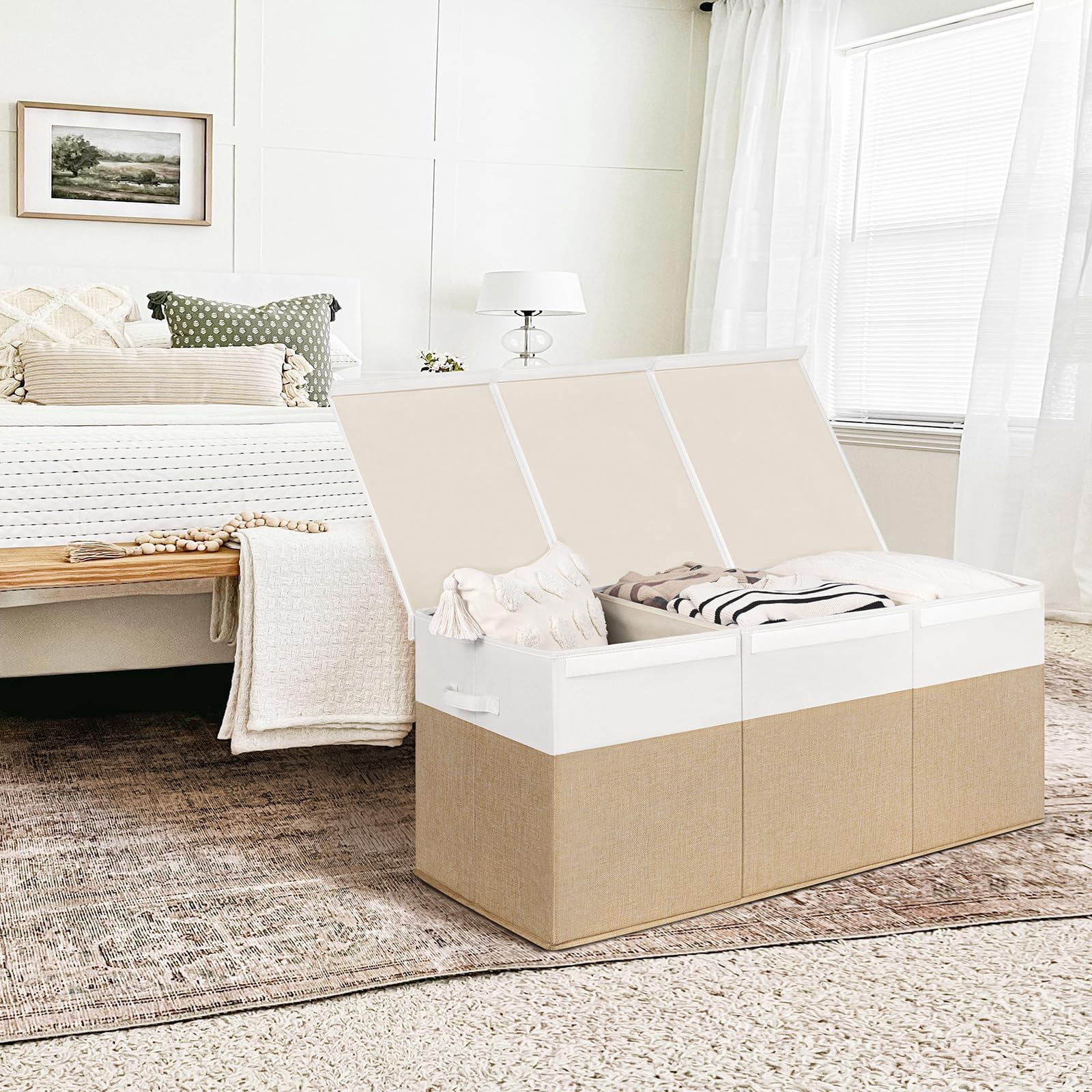 Extra Large Toy Box,Toy Storage Organizer Collapsible Storage Bins with Lids Toy Chest and 2 Side bags ,40"X14"X16"，large toy box for Living Room,Nursery,Playroom(Beige & White)