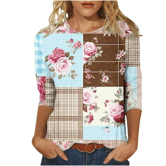 hxobax Womens Crewneck Tshirts 3/4 Length Sleeve Tops Dressy Casual Tunic Tee Lattice T Shirt Blouse