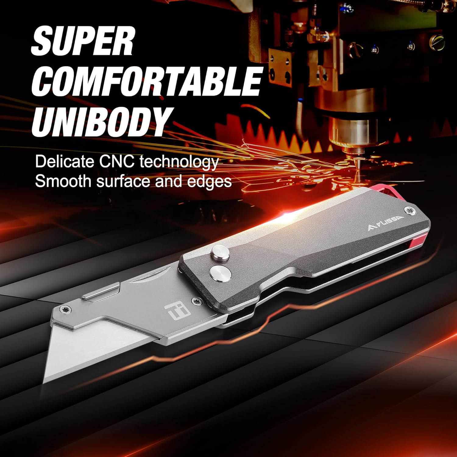FLISSA Advanced Titanium Utility Knife, CNC Unibody, Lightweight All Metal Folding Box Cutter, Quick Change Blade Razor Knife, with 10 Extra Blades