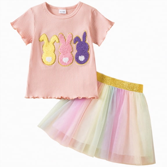 Linfrsh Toddler Easter Dress Long Sleeve Sweatshirt Tulle Skirt Set Easter Outfit(Pink,12-18 Months)