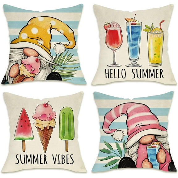 Hello Summer Vibes Gnome Decorative Throw Pillow Cover 20 x 20 Set of 4, Ice Cream Popsicle Juice Porch Patio Outdoor Pillowcase, Stripes Seasonal Farmhouse Couch Cushion Case Home Decor
