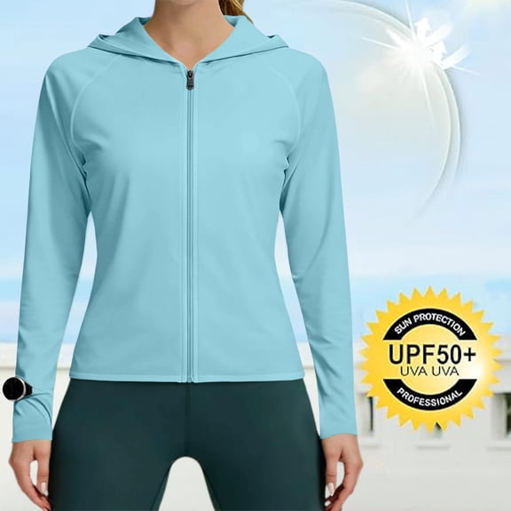 Craaazy Women's Full Zip Hooded Sun Protection Hoodie, Solid Color Long Sleeve Lightweight Athletic Top with Watch Cuff, Quick Dry Shirt for Sports