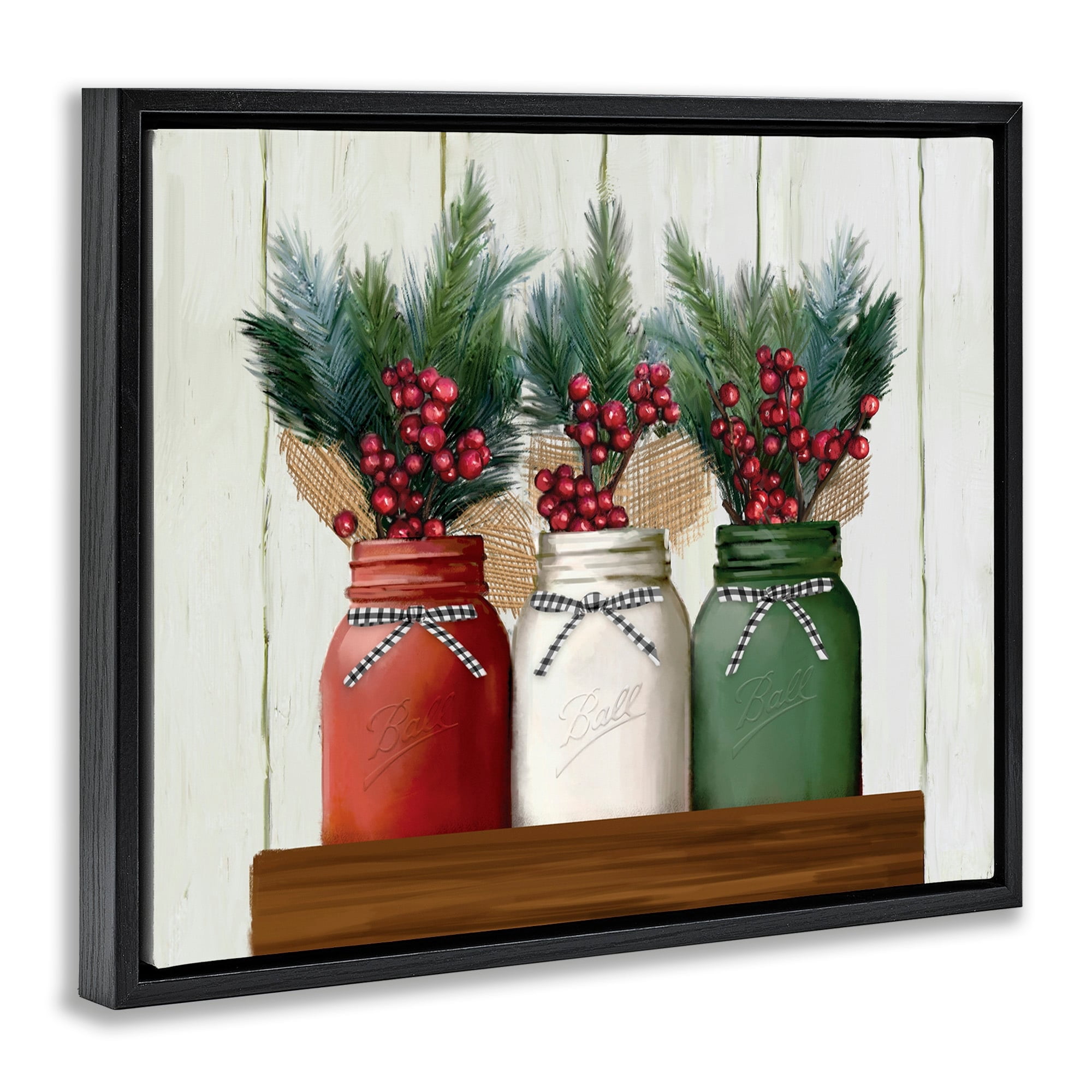 Stupell Industries Festive Holiday Jars Christmas Berry Bouquets Jet Black Framed Floating Canvas Wall Art, 16x20, by Ziwei Li