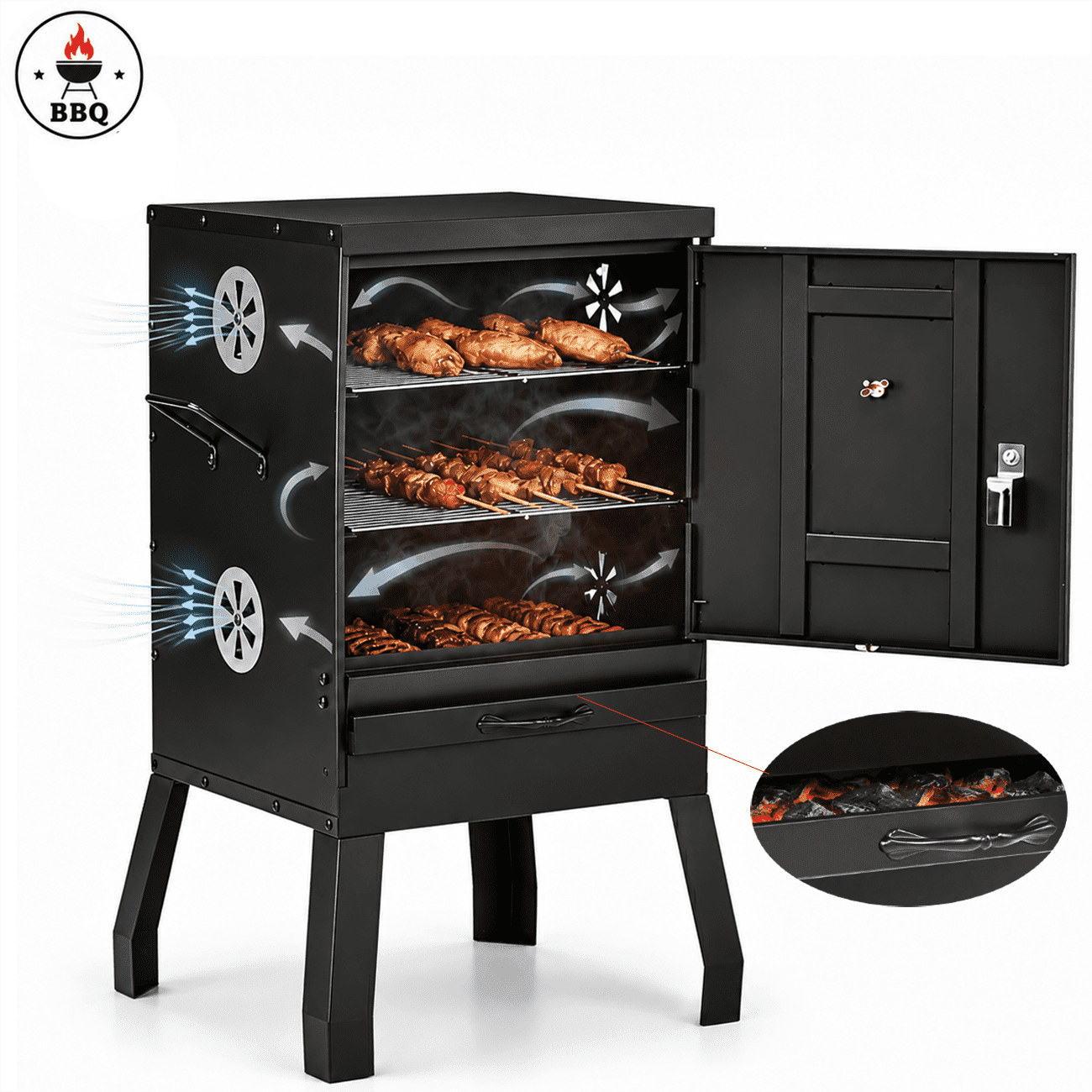 TOPNEST Smoker Grill, Portable Vertical BBQ Grill with 3 Cooking Area, Charcoal Pan, 4 Air Vents & Thermometer for Outdoor Camping Backyard Barbecue
