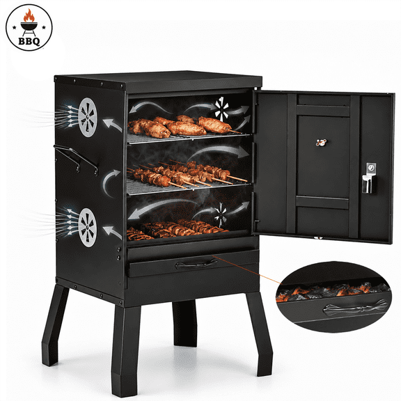 TOPNEST Smoker Grill, Portable Vertical BBQ Grill with 3 Cooking Area, Charcoal Pan, 4 Air Vents & Thermometer for Outdoor Camping Backyard Barbecue