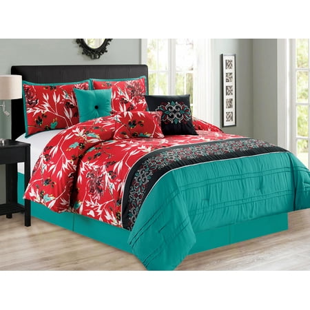 11 Pc Sachi Tree Branches Silhouette Leaves Birds Floral Damask Comforter Curtain Set Turquoise Blue Red Black Queen