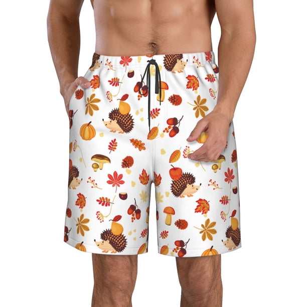 Balery Autumn Maple Leaf with Hedgehog Traje de Baño Estilo Hawaiano para Hombre, Shorts de Secado Rápido con Bolsillos-Medium