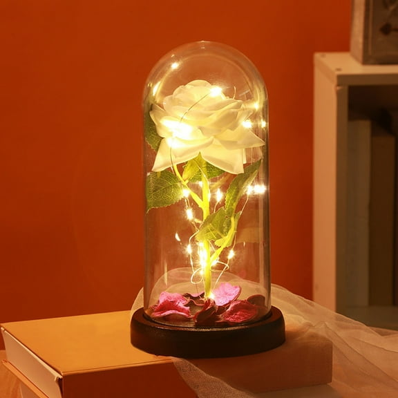 Clearance! Valentine Gift Simulation Rose Flower Glass Cover Led Home Decoration Eternal Flower Acrylic Cover Gift Rose Ornaments with Led Flowers Nightlight Valentines Day Decorations