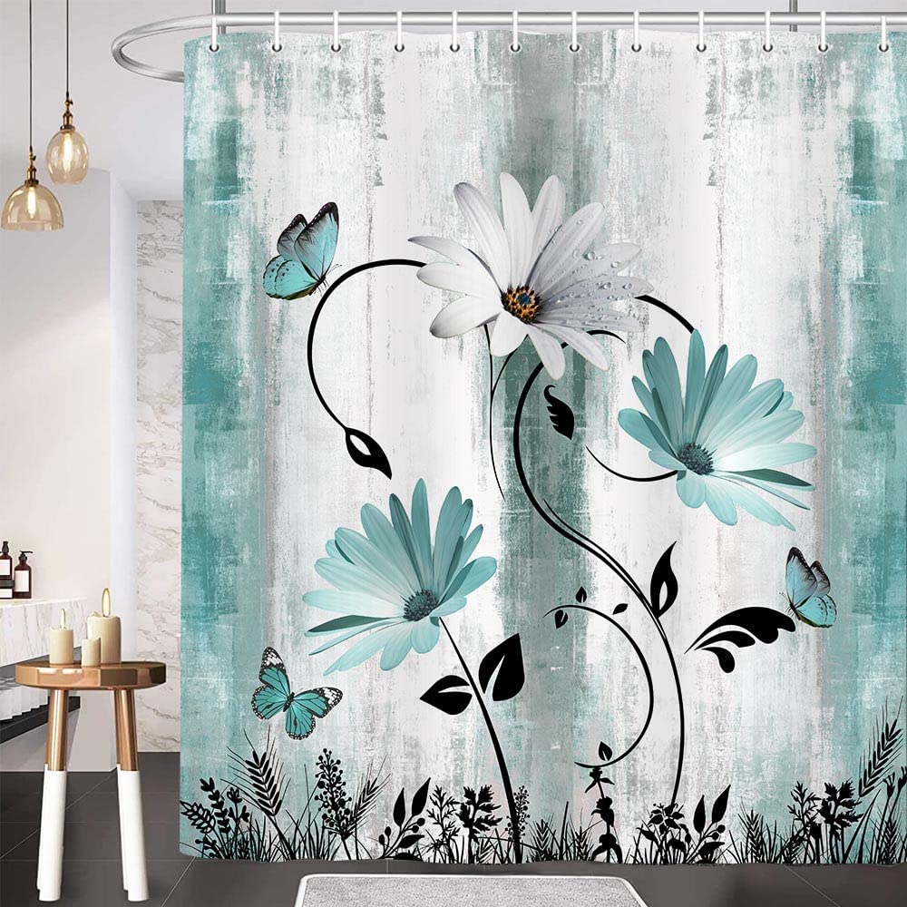 Rustic Farmhouse Shower Curtain for Bathroom, Farm Teal Daisy Floral Flowers and Butterfly on Country Wooden Bath Curtains, Turquoise Blue Fabric Bathroom Decor Set with Hooks 69x78