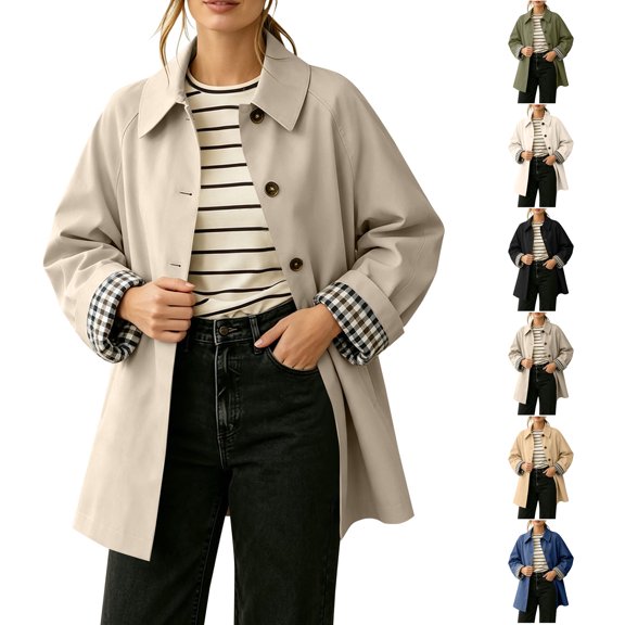 TGSLY Women's Button Down Trench Coat Casual Collared Long Sleeve Jacket with Plaid Lining Loose Solid Color Mid‑Length Outerwear with Pockets L