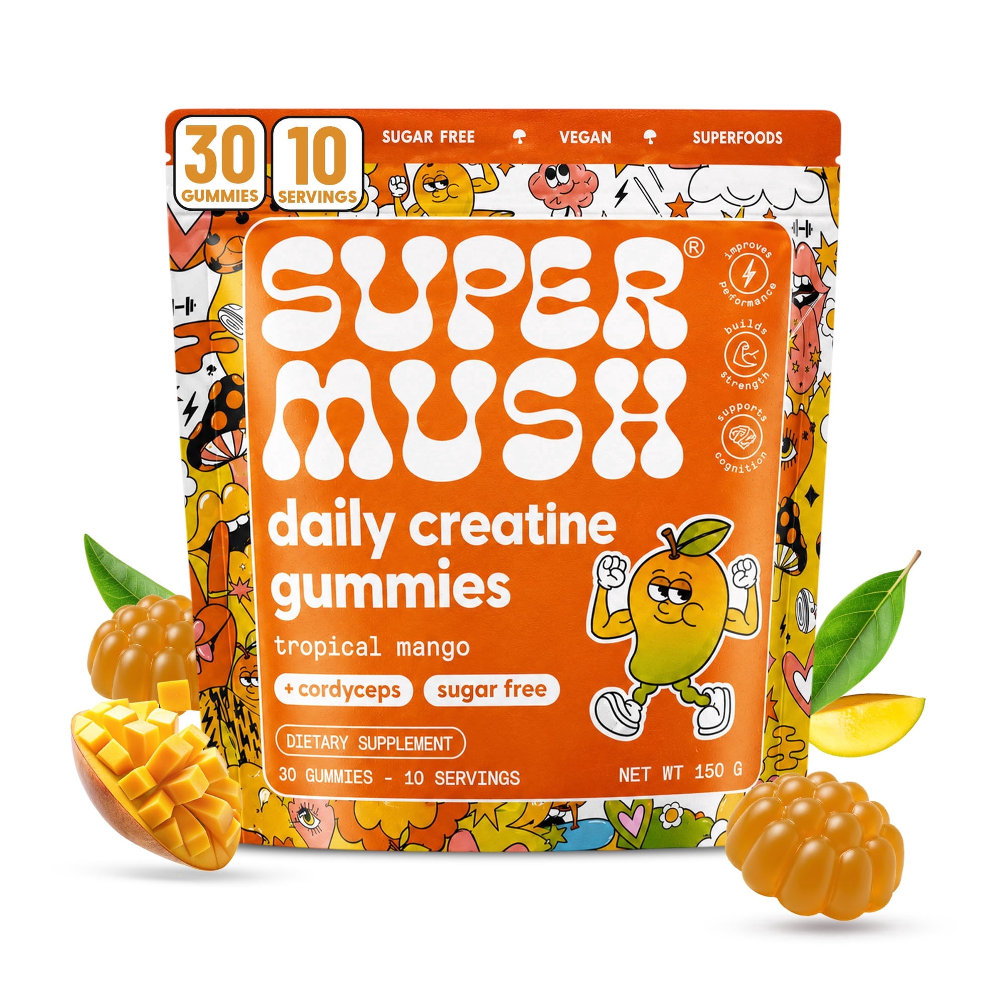 SuperMush Daily Creatine Gummies for Men and Women Creatine Monohydrate Gummies with Cordyceps Mushroom Extract for Strength, Focus, and Recovery Sugar Free, Vegan Mushroom Supplements 30 Count