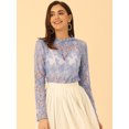 thumbnail image 2 of Blusa elegante floral con cuello de volantes y volantes de encaje de ganchillo para mujer Azules Grises S, 2 of 5