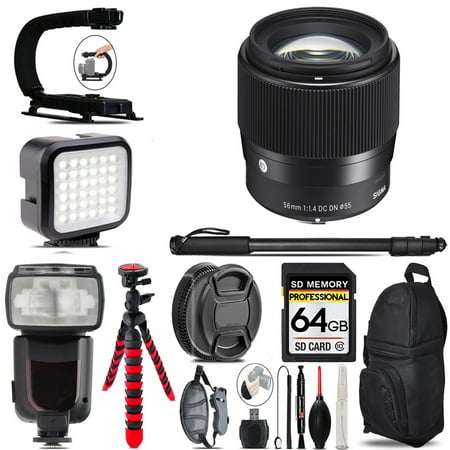 Sigma 56mm f/1.4 DC DN Contemporary Lens for Sony E + LED Flash+ Bag - 64GB Accessory Bundle