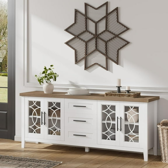 EcoSummer Farmhouse TV Stand for 70 Inch TV, Entertainment Center with Glass Doors & 3 Drawers, Retro Style