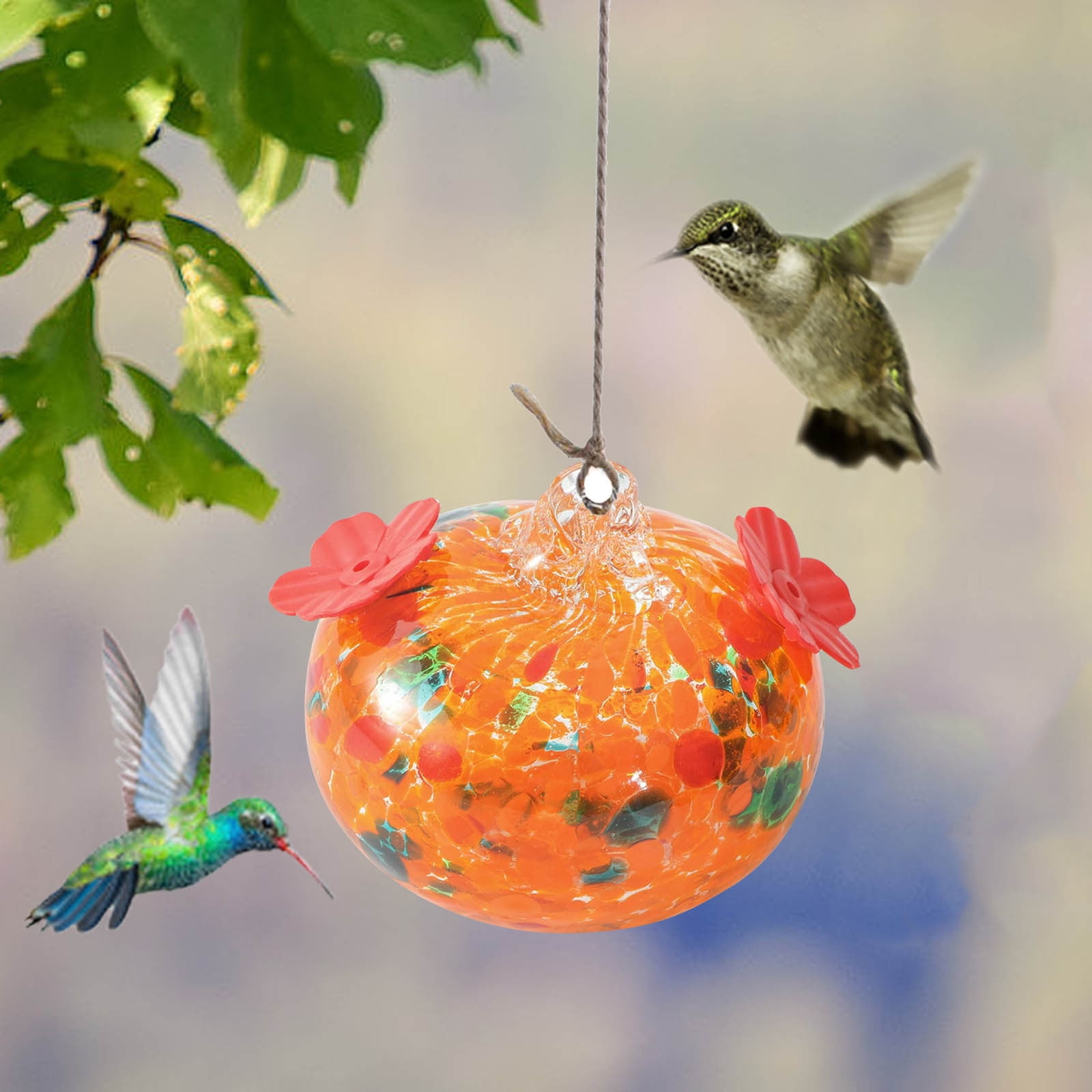 Painted Glass Leak-Proof Hummingbird Feeder, Outdoor Hanging Ornament Courtyard Decoration, Drip-Free Feeder Gift for Garden Patio Nature Lovers