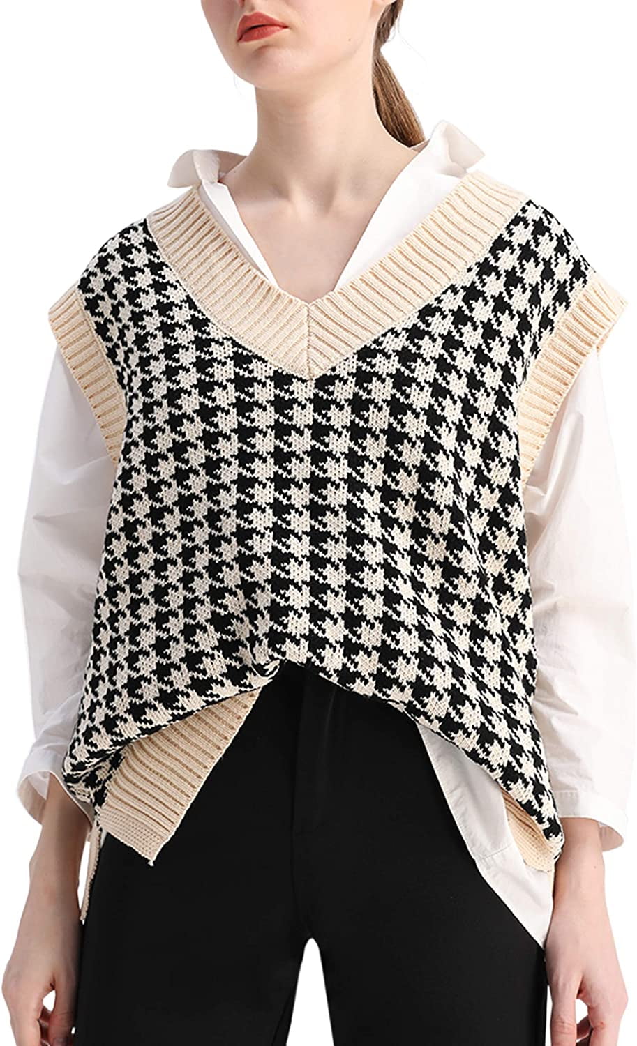 Women Houndstooth Knitted Sweater Vest 