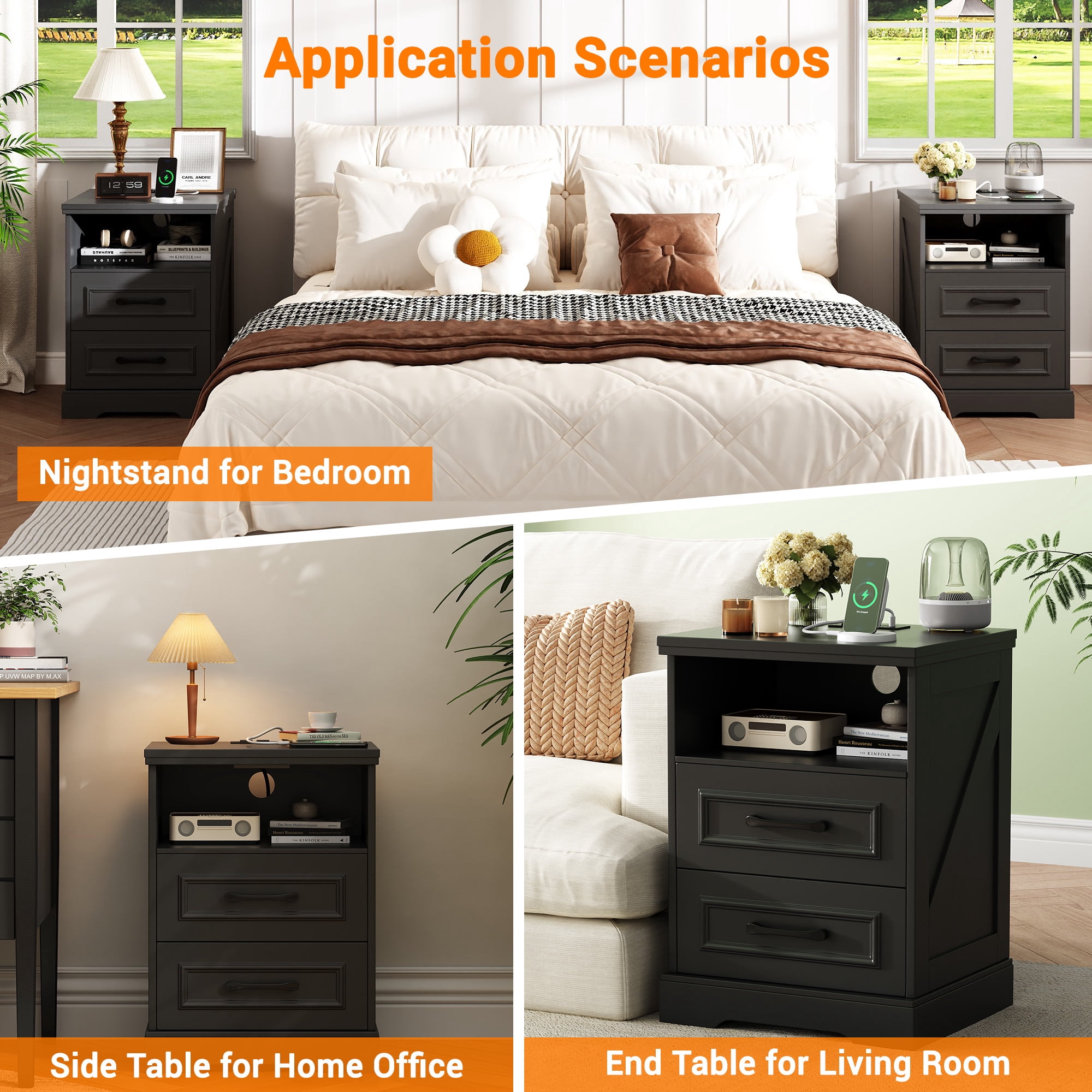 NEGYLIM 2-Piece Nightstand, Farmhouse End Table with Charging Station, 2 Drawers Storage for Bedroom, Black