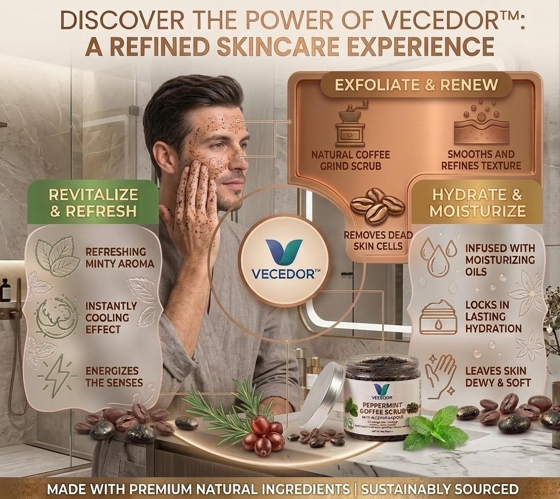 VECEDOR Peppermint Coffee Scrub – Exfoliating Body  Face Scrub for Smooth, Glowing Skin – Natural Moisturizing  Cellulite Care, 4oz