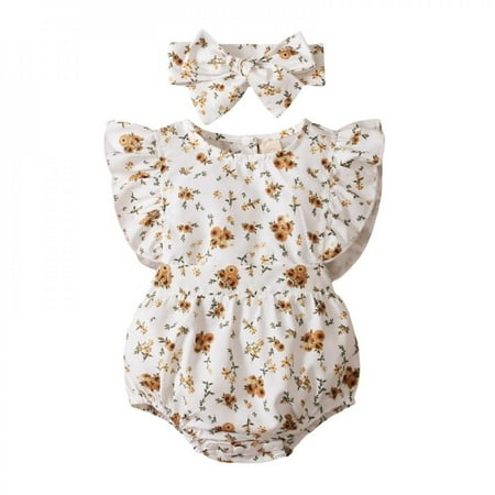 

Patgoal Newborn Girl Clothes Newborn Baby Girls Cotton Vintage Floral Clothes Bodysuit Outfits Set Ruffle Sleeve Onesie With Headband Summer Clothing