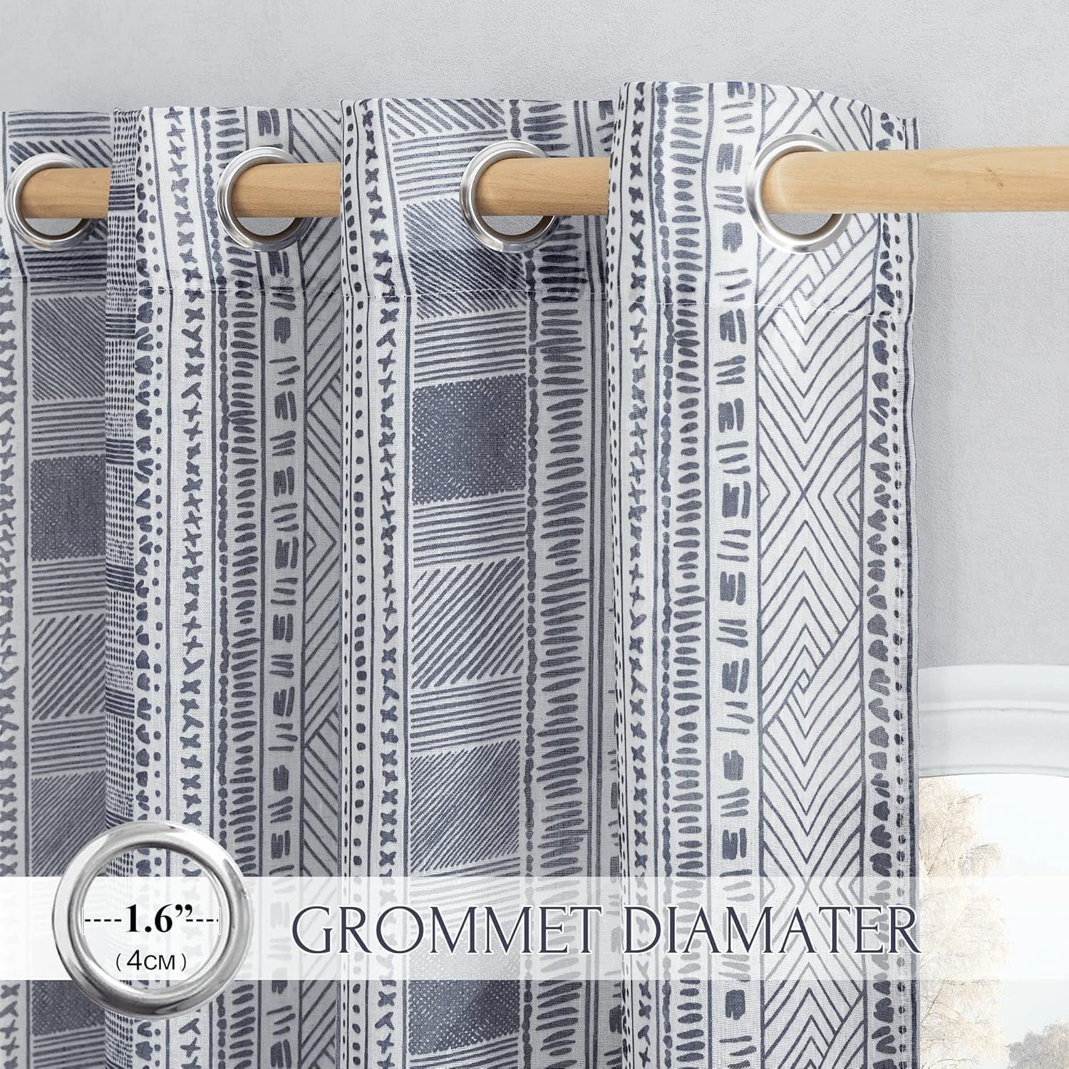 NICETOWN Boho Curtains 84 Inch length 2 panels set, Semi Sheer Linen Curtains Light Filtering Wrinkle Free Country Rustic Farmhouse Grommet Drapes for Bedroom Living Room, Navy Blue, 1 Pair