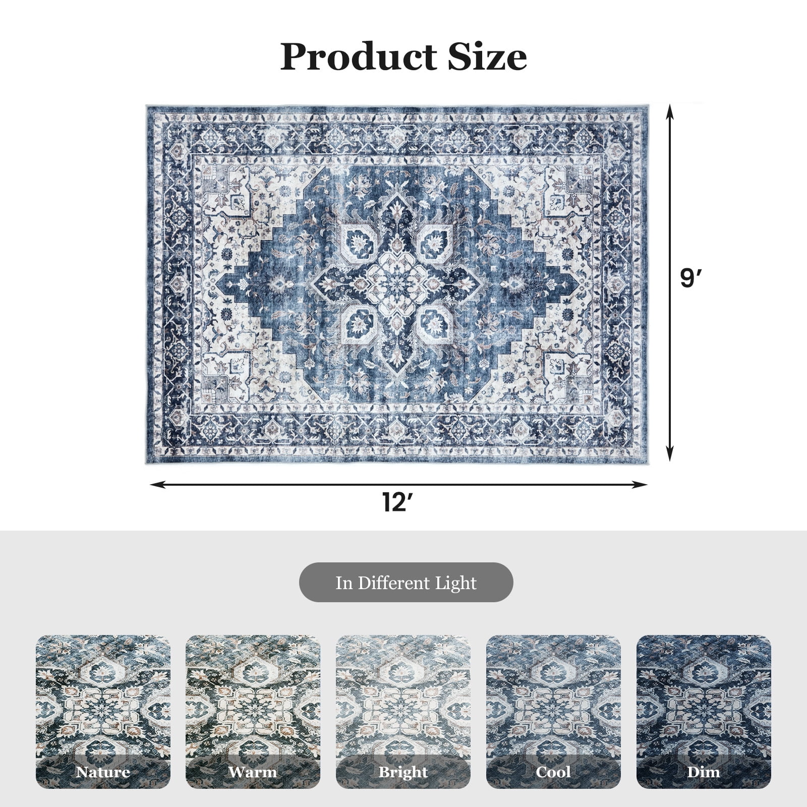 CHITOOMA 9'x12' Area Rugs for Living Room, Machine Washable Rugs Vintage Area Rug for Bedroom Dining Room Dorm Office with Non-Slip Backing, Stain Resistant Non-Shed Carpet