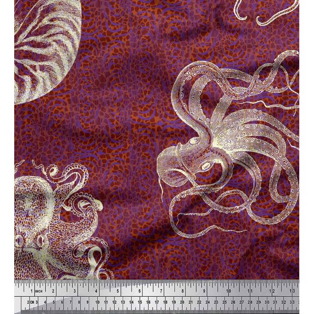 Soimoi Satin Silk Fabric Animal Skin,Shell & Octopus Ocean Fabric Prints by Yard 42 Inch Wide