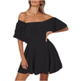 thumbnail image 2 of Jinhomg Women's Plus Size Summer Dress 2025 Trendy Off Shoulder Ruffle Hem Boho Dress Flowy Swing A Line Empire Waist Midi Dresses Winter Saving Black L, 2 of 6