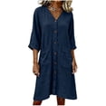 thumbnail image 5 of Zynoxe Womens Cotton Linen Dresses Summer V-neck 3/4 length sleeve Button Down Midi Dresses Lounge Peasant Gauze Business Work Dresses with Pockets Navy 2XL, 5 of 7