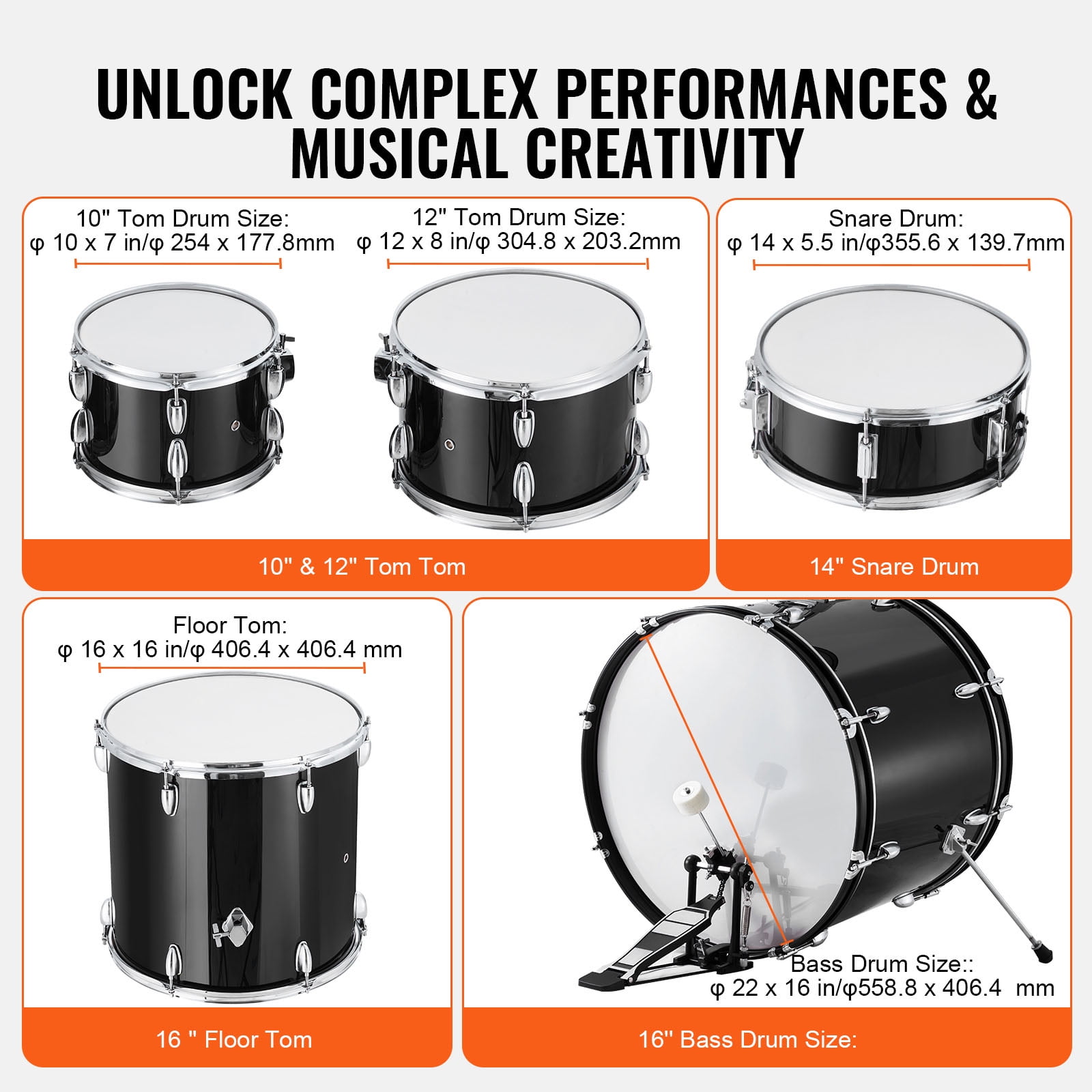 KFFKFF Mature Drum Collection, Quintet, 22-inch Comprehensive Large Drum Ensemble with Bass, Toms, Snare, Ground Drum, Modifiable Stool, Stands, Cymbal, Hi-Hat Pedal, and Drumsticks