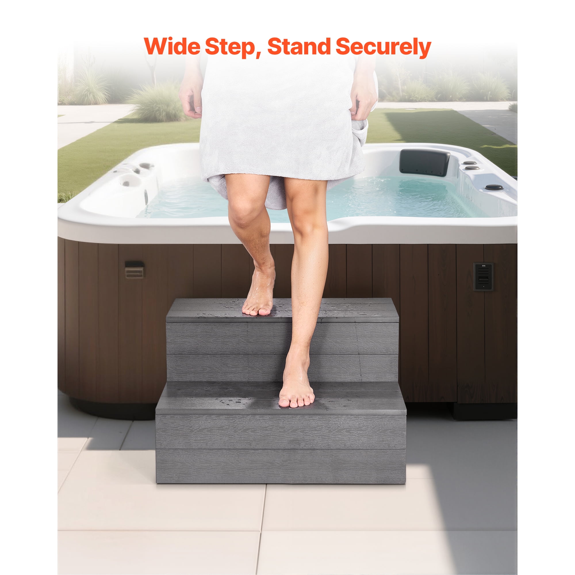 KFFKFF Durable 2-Step Hot Tub Stairs, 25-Inch Wide HIPS Outdoor Steps with 600 lbs Capacity, Suitable for Above-Ground Pools, Inflatable Spas, Patios, Decks, and Campers, Graphite Gray