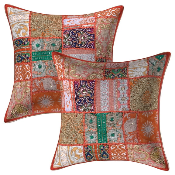 Stylo Culture Ethnic Cotton Living Room Throw Pillow Covers Orange 16x16 Bohemian Vintage Patchwork Ethnic Sofa Cushion Covers 40 x 40 cm Decorative Floral Square Pillow Cases | Set Of 2