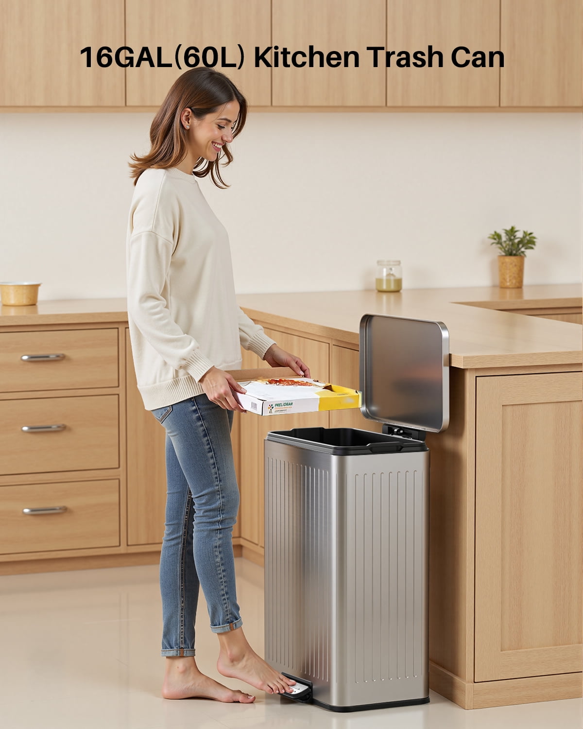 16 Gallon Stainless Steel Trash Can,60L Large Footstep Garbage Can with Removable Inner Bucket, Fits 20-Gallon Bags,Bin for Kitchen Office