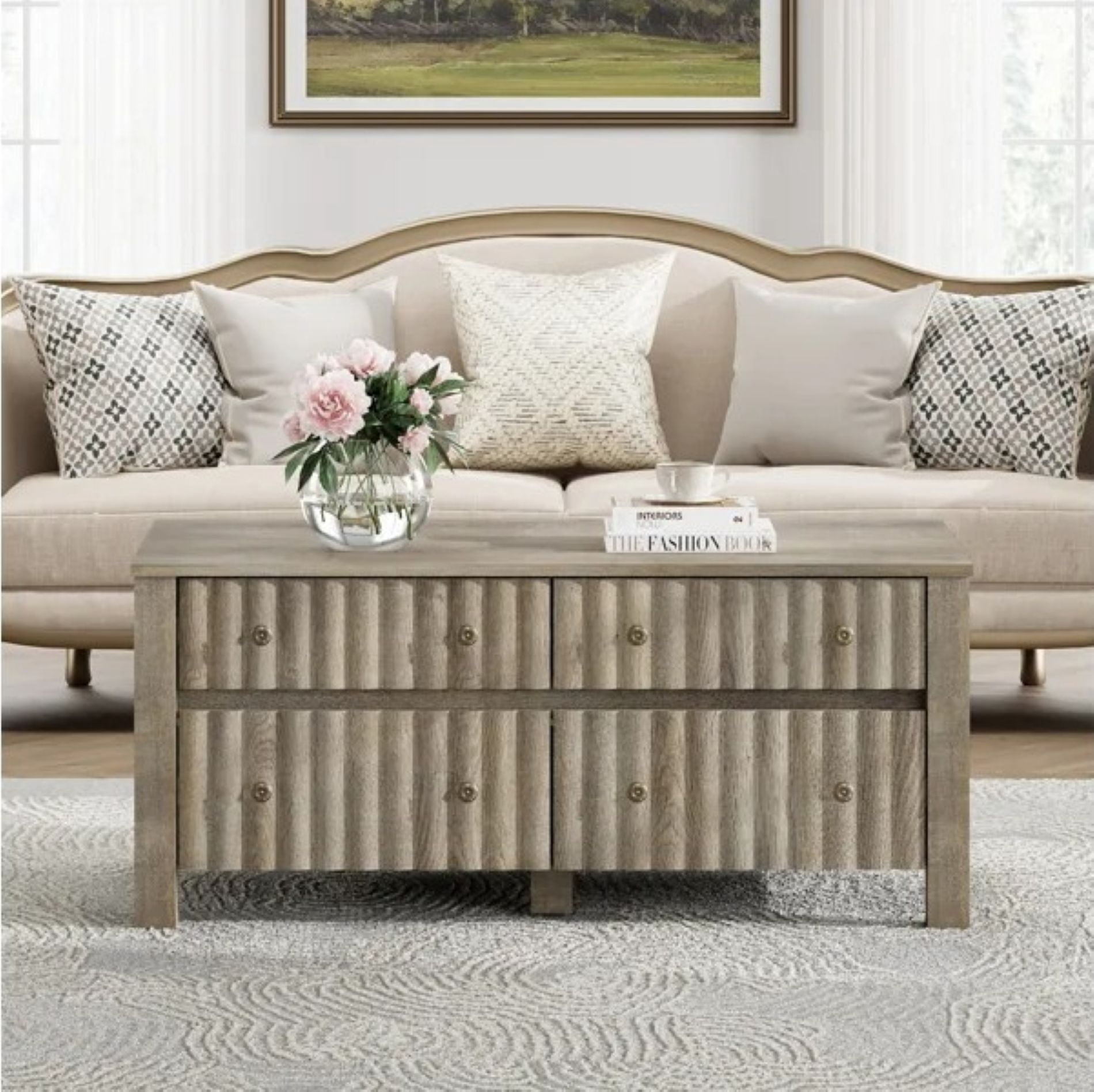 Demiya 4-Drawer Coffee Table, Modern Gray Wooden Center Table with Smooth Slide Rails, Sturdy Thickened Legs and Floor Pads, High Capacity Accent Table for Living Room